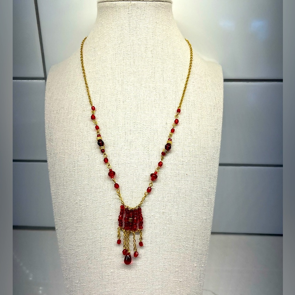 Vintage VJ Signed Red Beaded Boho Necklace